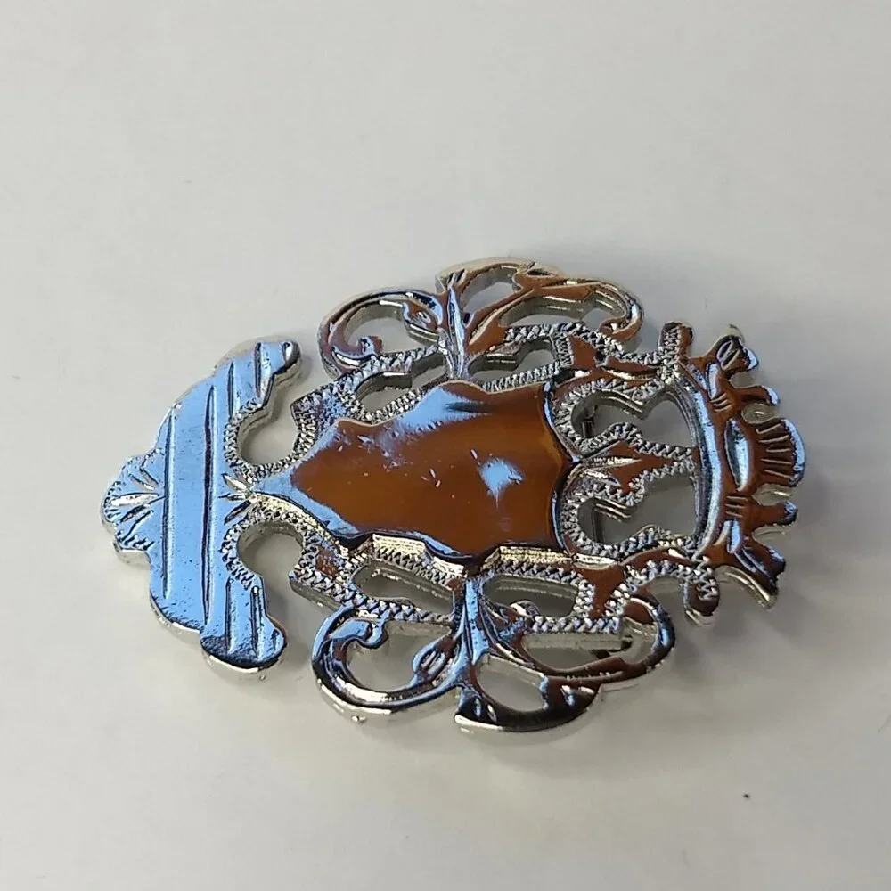 Ginnie Johansen Silver Tone Crest Pin Brooch Signed Preppy Regency Costume